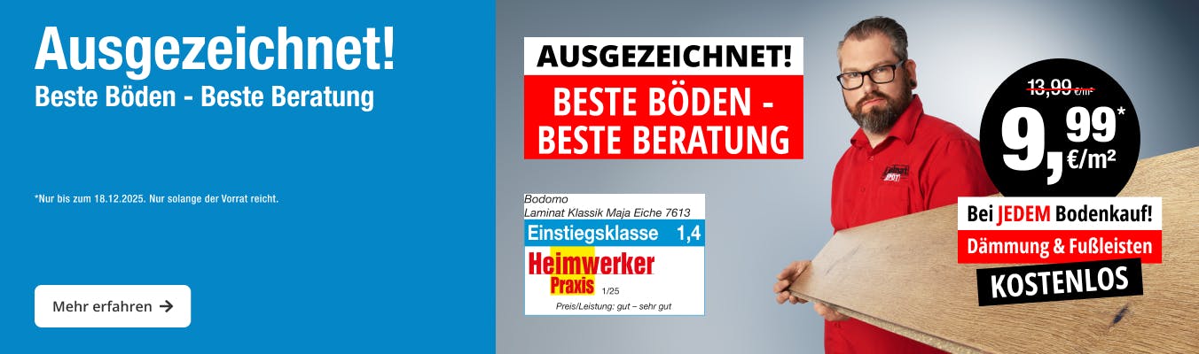 Sichere dir jetzt Top Laminatb&ouml;den mit der Note sehr gut (1,4) zum Top-Preis! Nur jetzt f&uuml;r 9,99 &euro;/m&sup2; statt 13,99 &euro;/m&sup2;