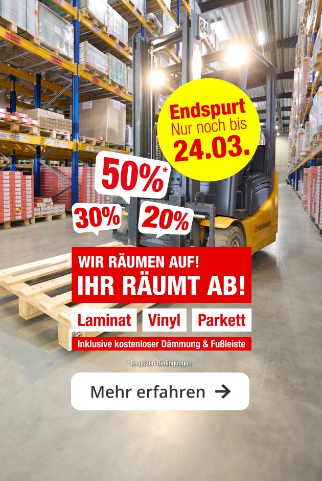 Wir r&auml;umen auf! Ihr r&auml;umt ab! Spare &uuml;ber 50 % auf Laminat, Vinyl & Parkett. - Jetzt zugreifen und sparen!