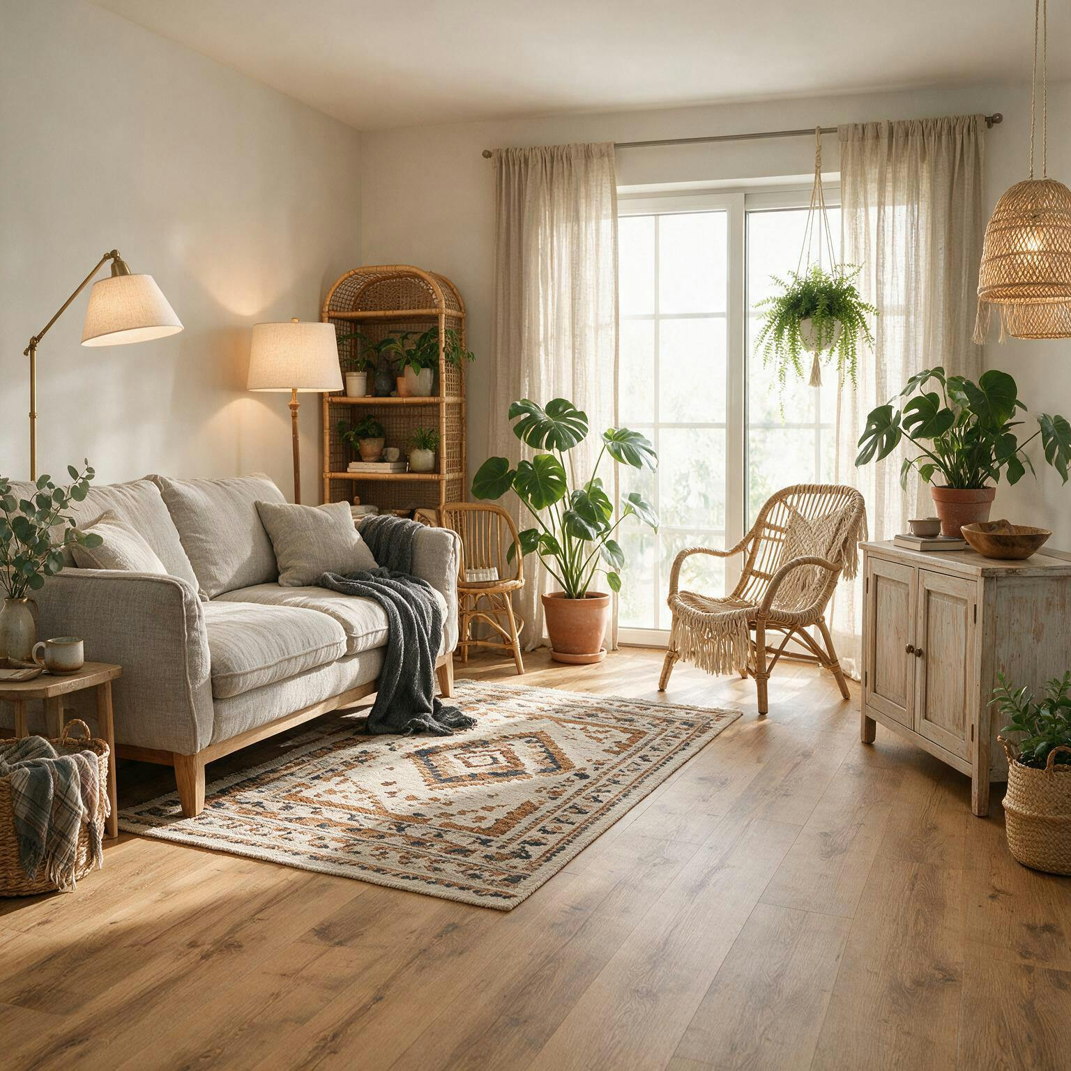 Laminat im Wohnzimmer nach dem Einrichtungsstil Boho Chic