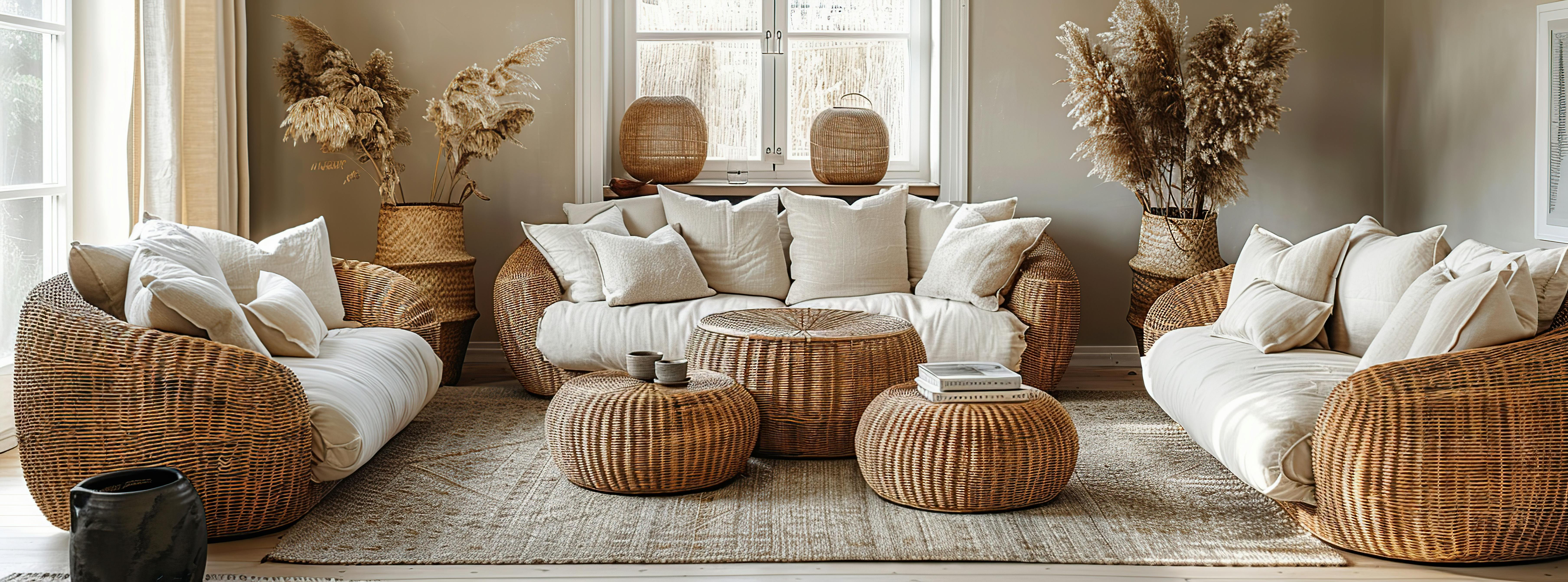 Panoramabild eines Wohnbereichs im Einrichtungsstil Boho Chic
