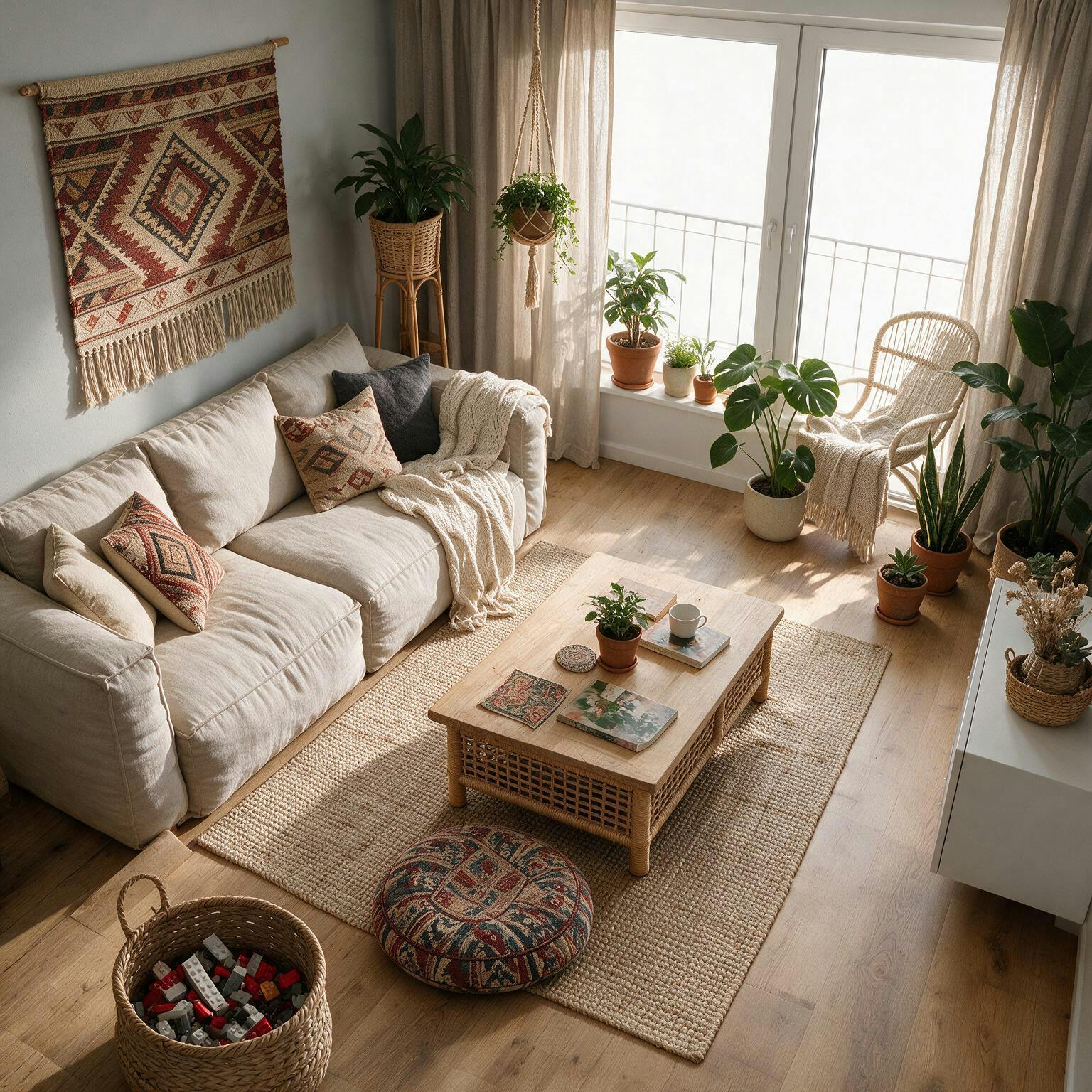 Wohnzimmer im Einrichtungsstil Boho Chic in Vogelperspektive