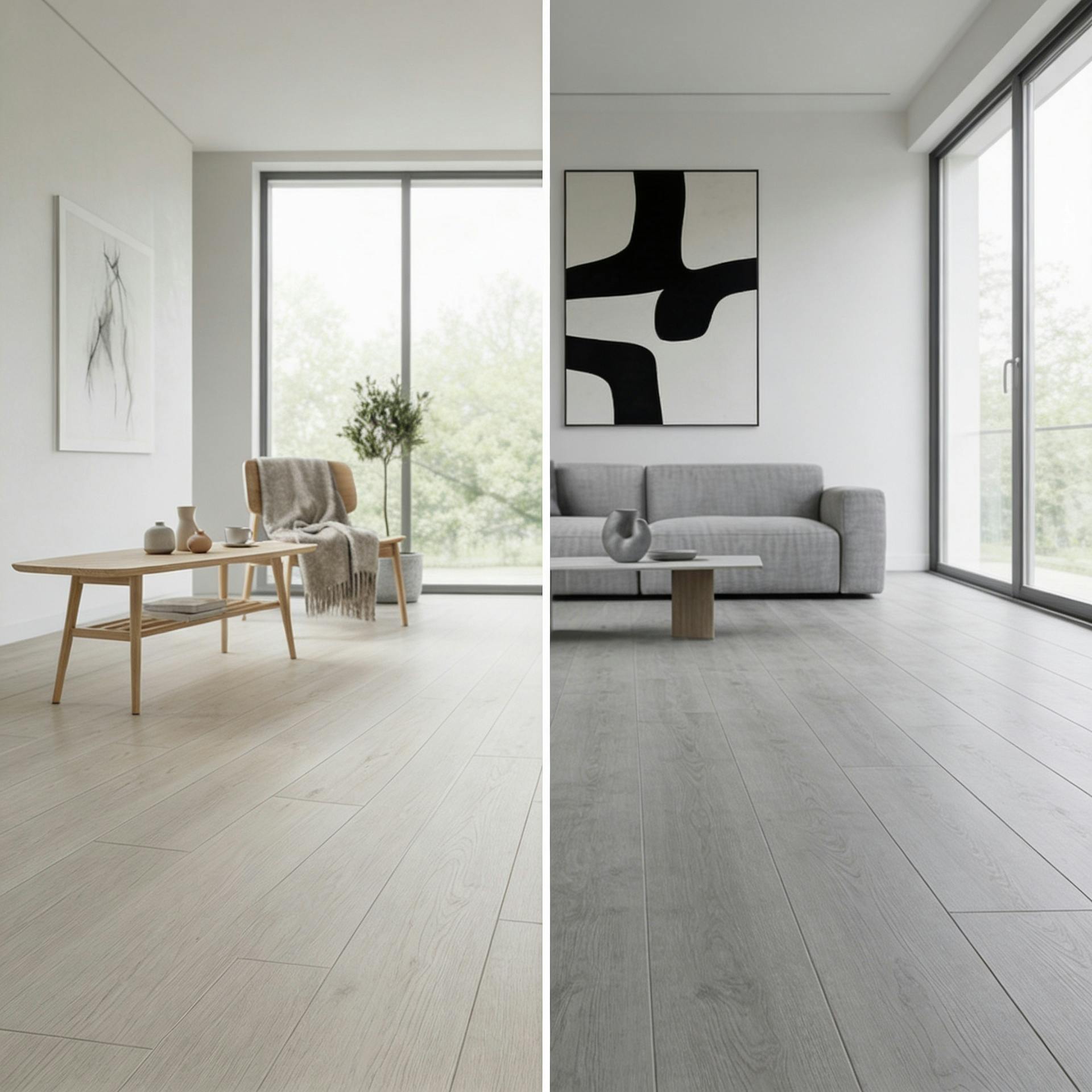 Collage aus einem skandinavischen einrichtungsstil auf der linken Seite und einem modernen und minimalistischen Einrichtungsstil auf der rechten Seite