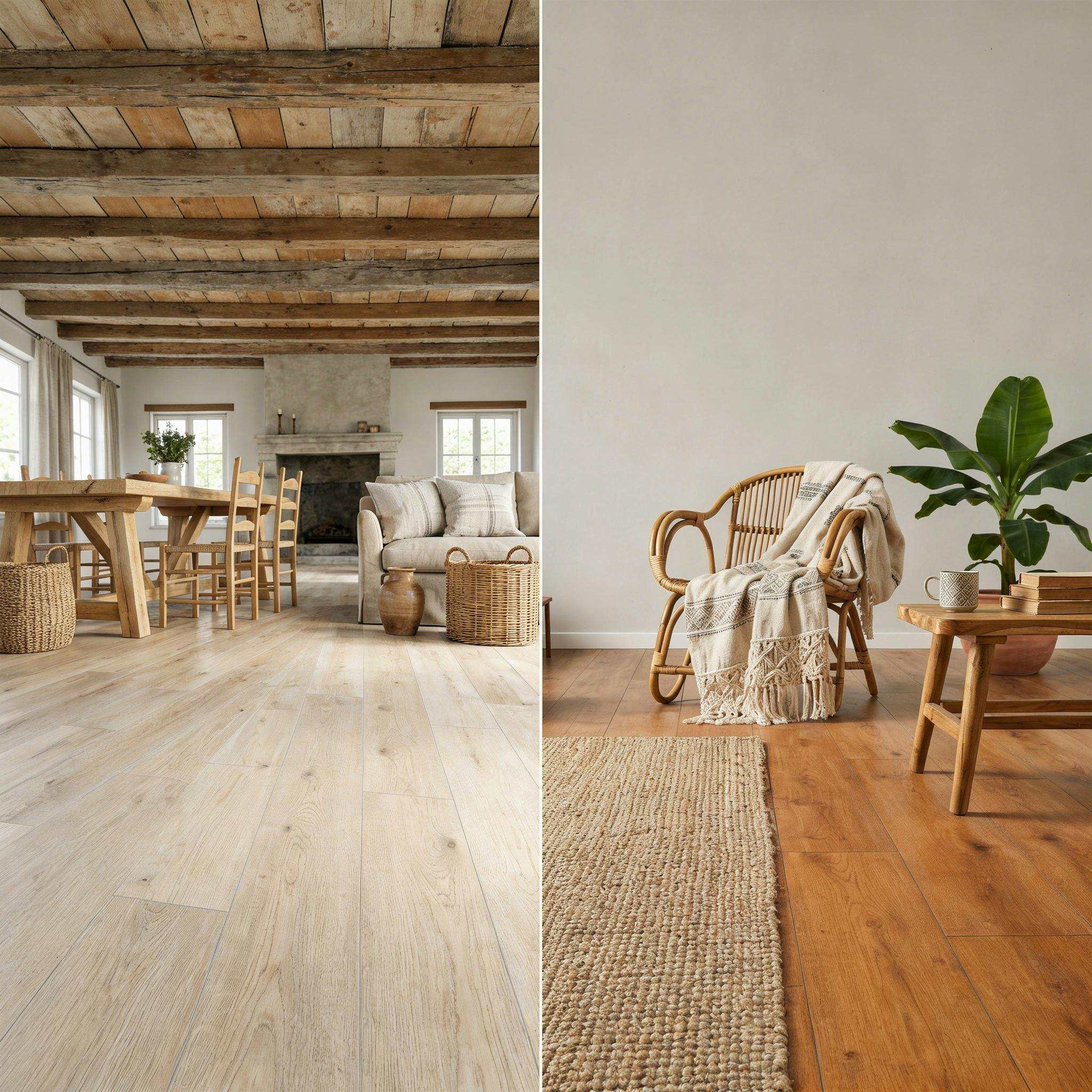 Eine Bildercollage aus zwei Einrichtungsstile. Links ist ein Landhausstil und Country-Style abgebildet, rechts Boho Chic