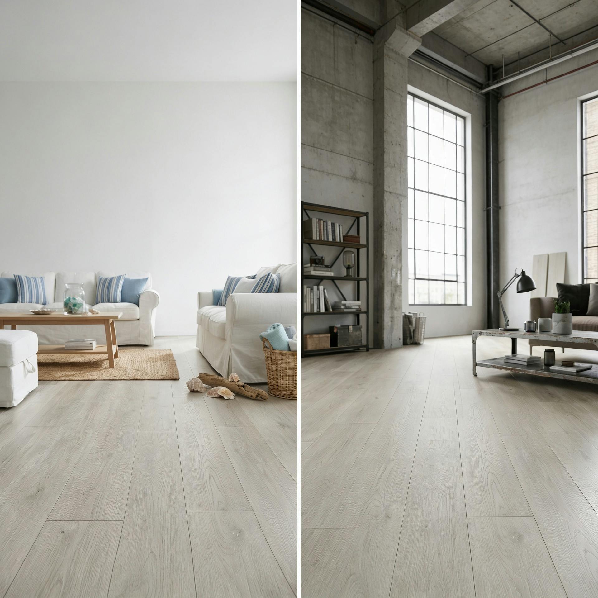 Bildercollage aus zwei Einrichtungsstilen. Links ist der Costal Style und rechts der Urban Style abgebildet.