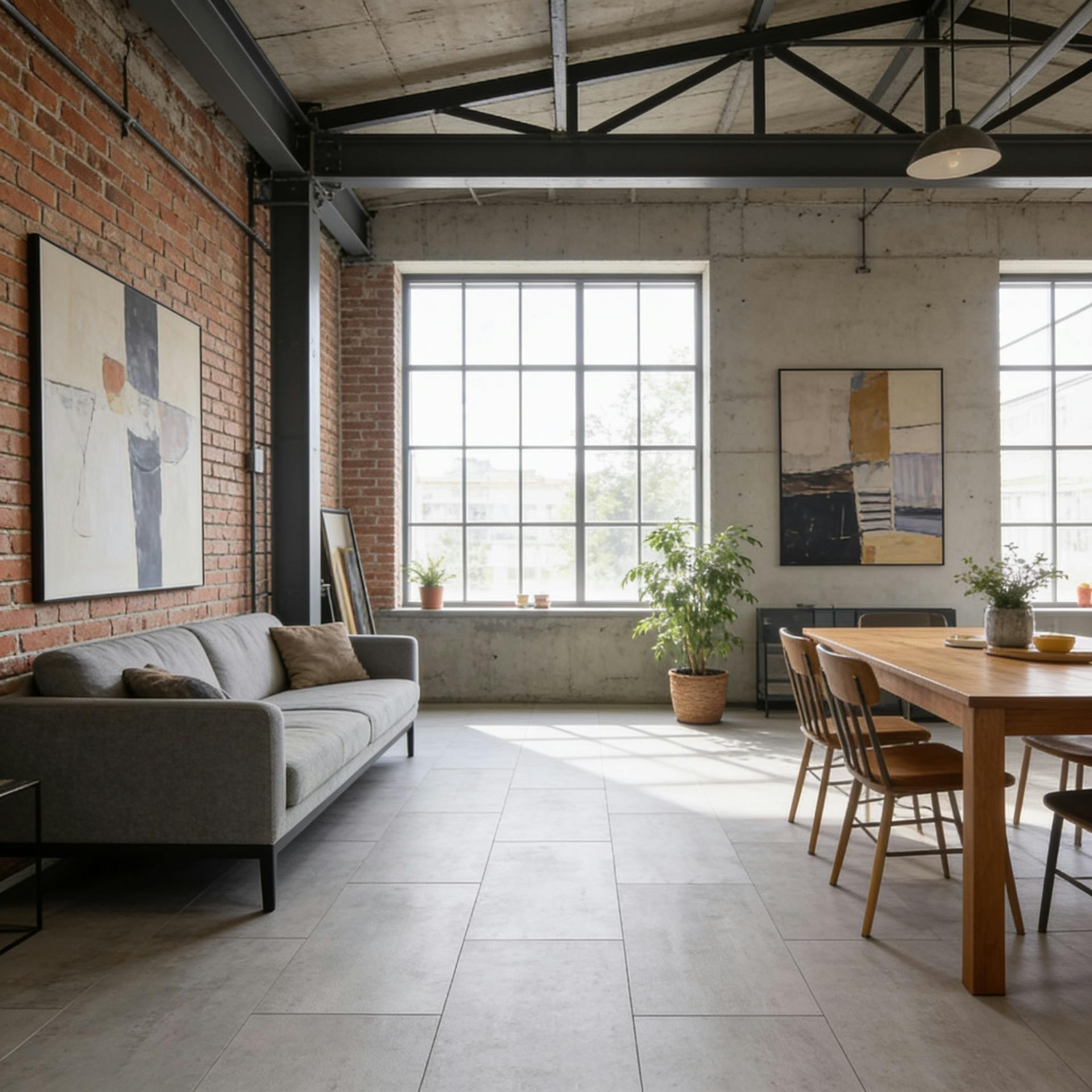 Tageslicht und Rohmaterialien als Merkmal des Einrichtungsstils Industrial 