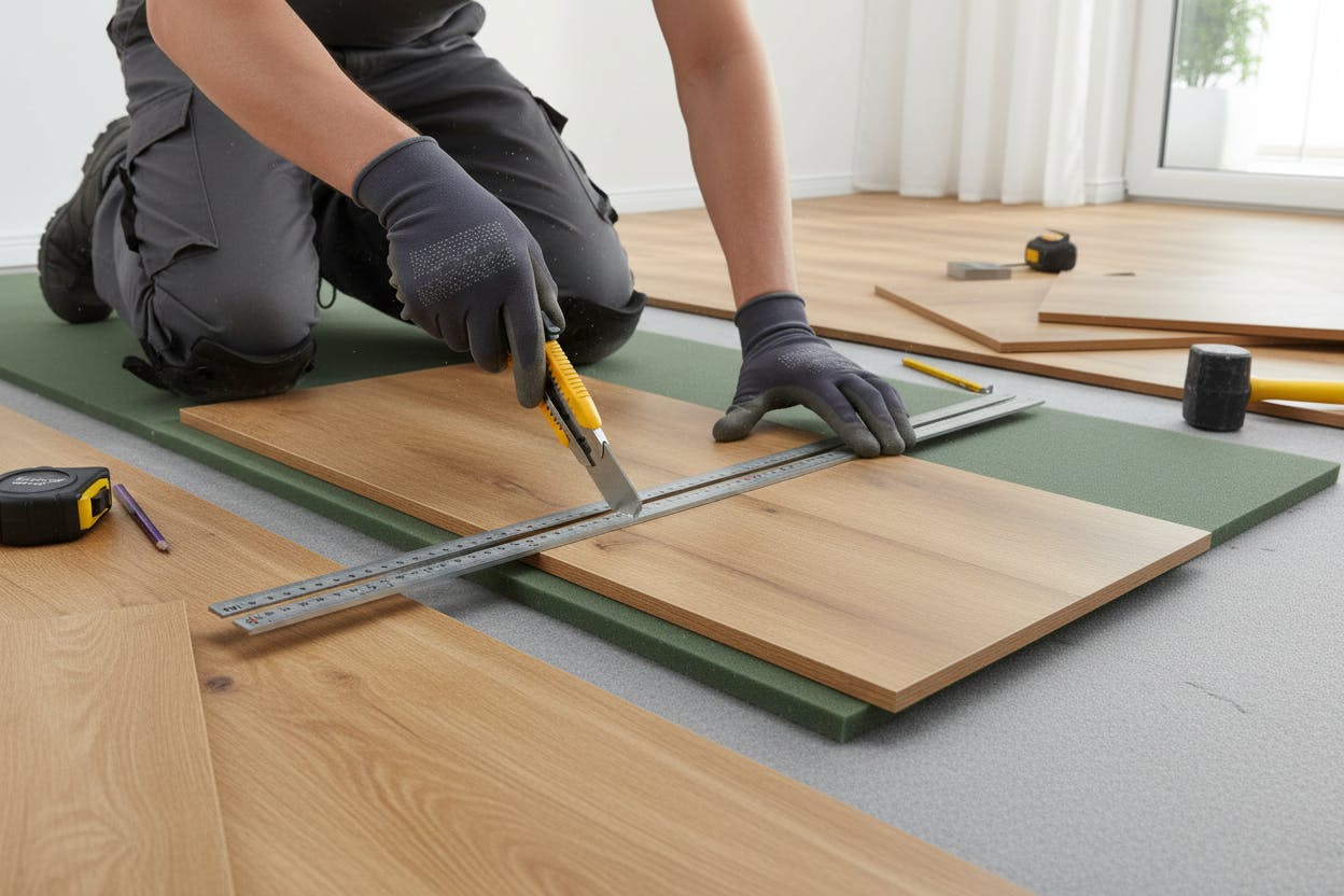 Mann schneidet Vinylboden zurecht