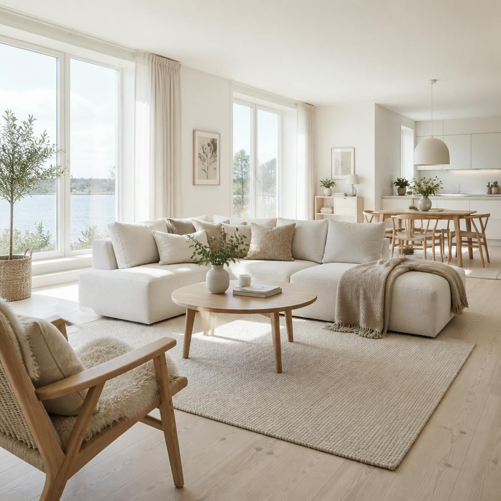 Raum mit gro&szlig;en Fenster und Wohnlichkeit durch Stoffe und Details