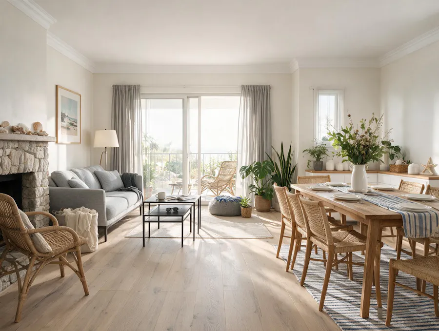 Wohn- und Essbereich im Einrichtungsstil Coastal Style