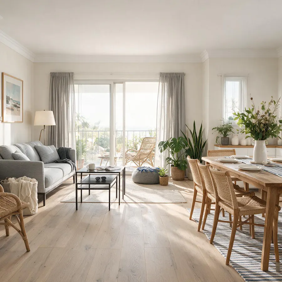 Wohn- und Essbereich im Einrichtungsstil Coastal Style