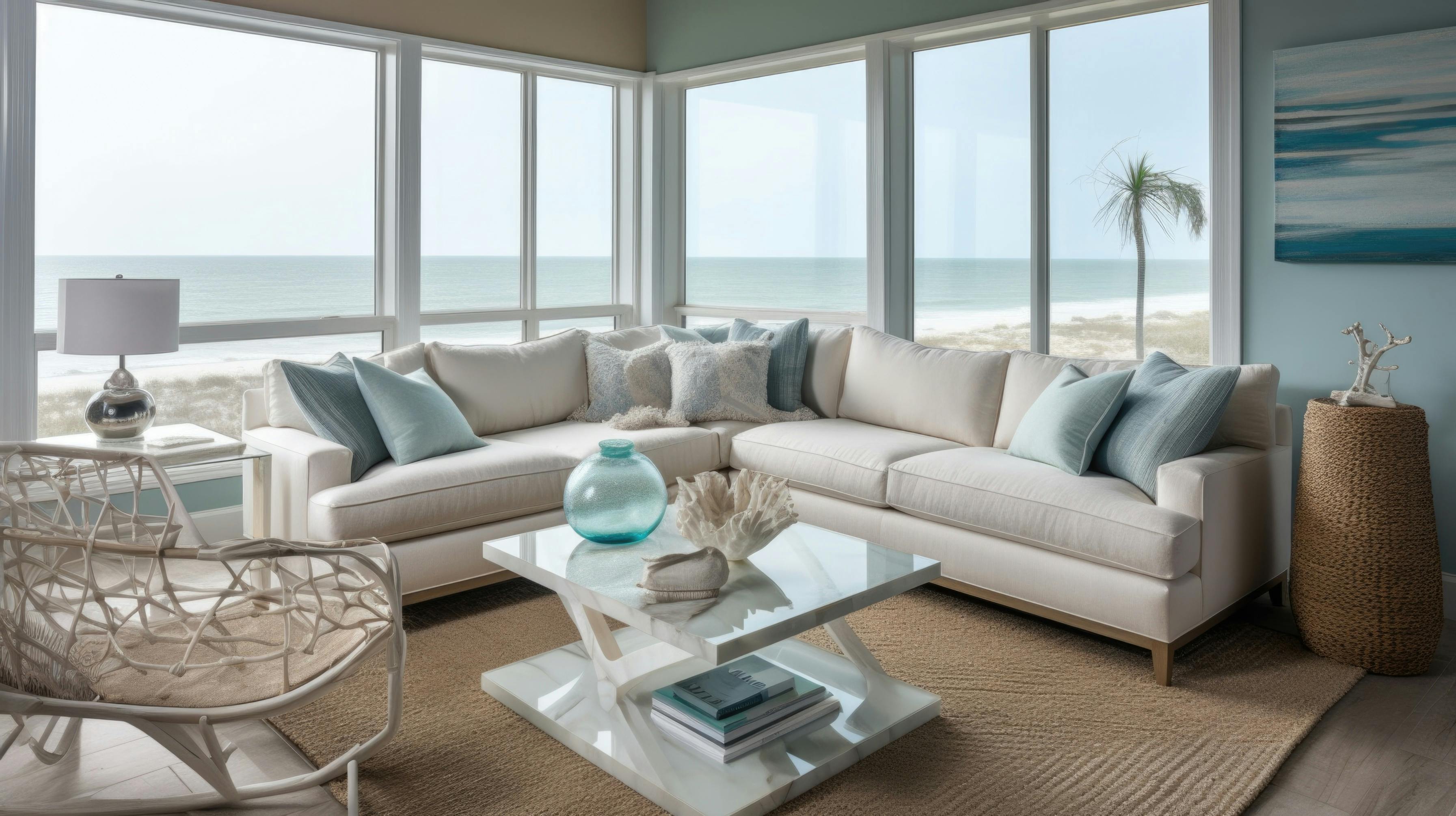 Wohnbereich im Einrichtungsstil Coastaly Style mit Ausblick auf den Strand 