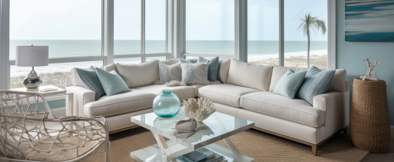Wohnbereich im Einrichtungsstil Coastaly Style mit Ausblick auf den Strand