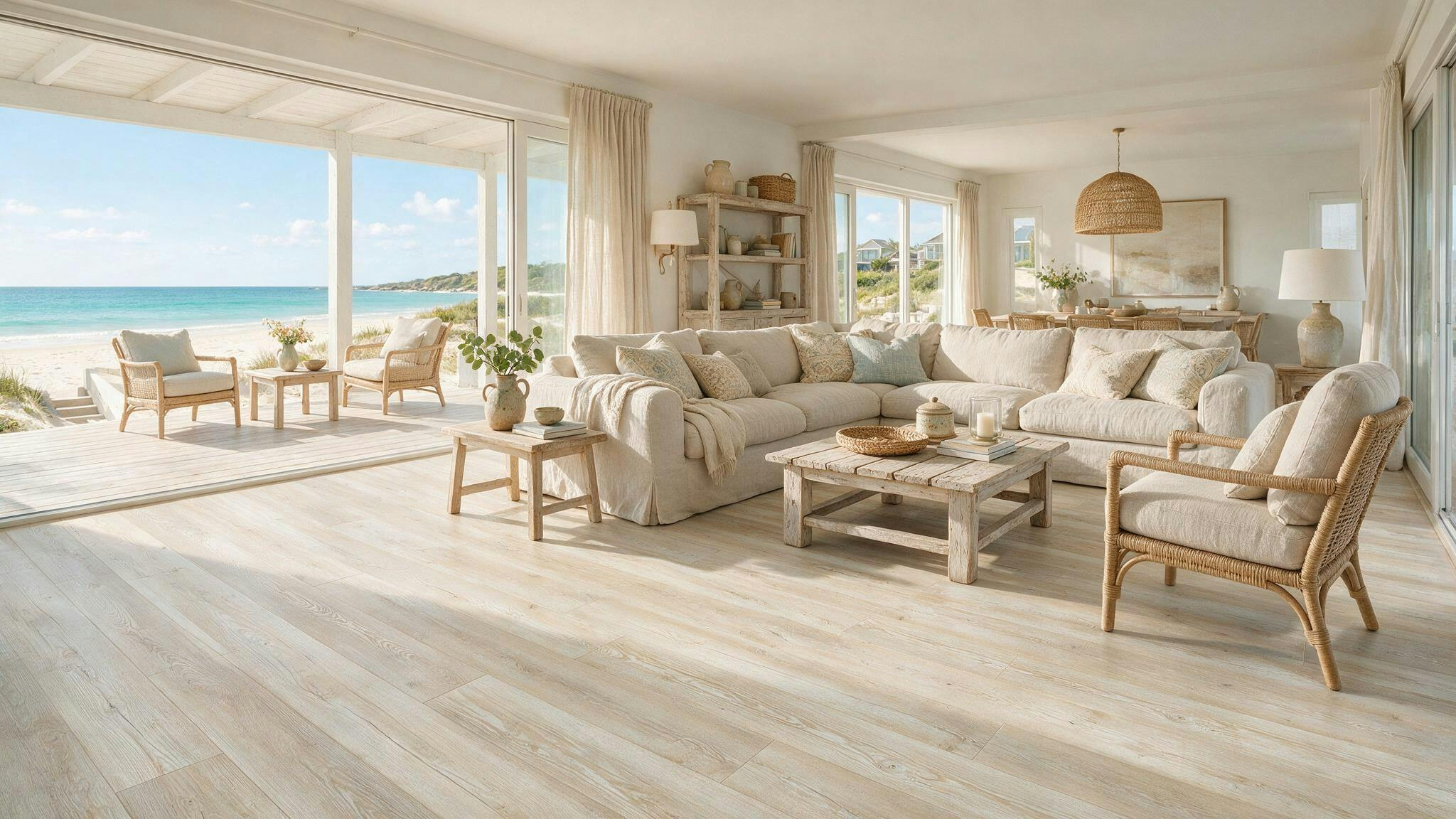Wohnbereich im Einrichtungsstil Coastal Style mit Blick aufs Meer