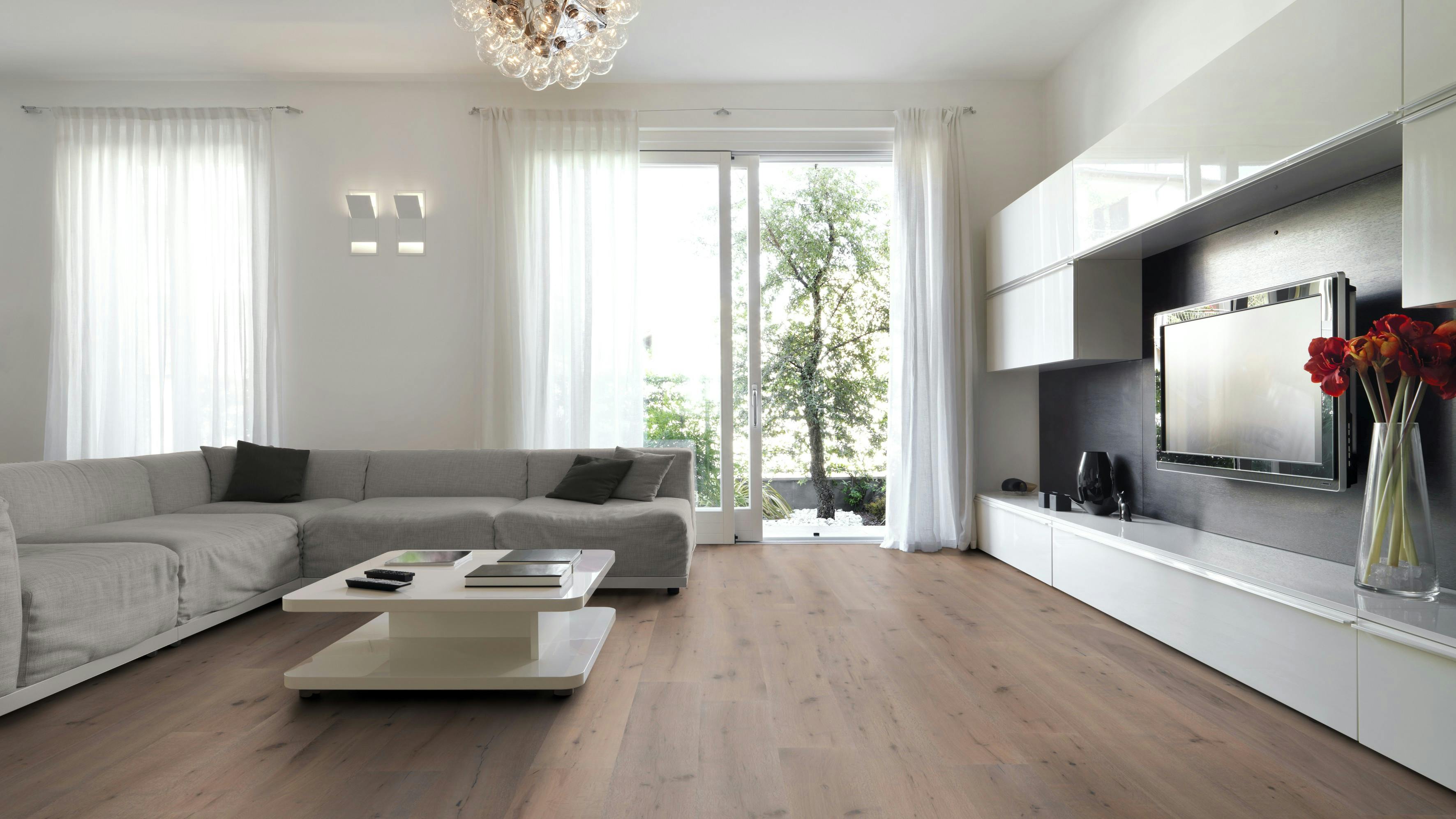 Parkett BoDomo Premium Veneto Produktbild Wohnzimmer - Urban mit Wohnwand zoom