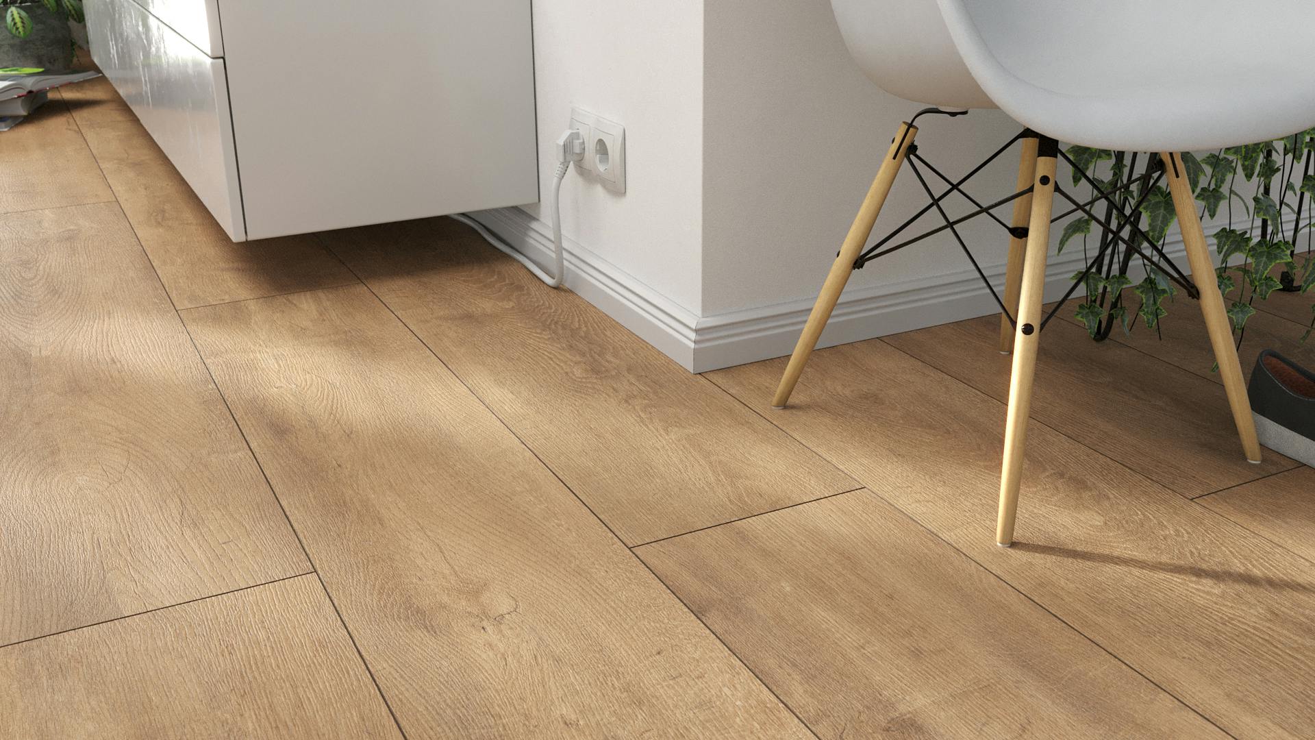 Laminat BoDomo Premium Eiche Orient Natur Produktbild Wohnzimmer - Urban mit Wohnwand zoom