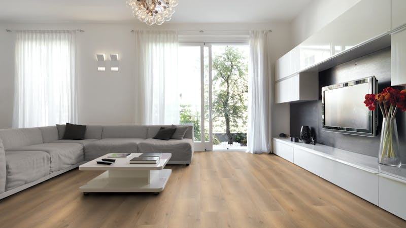 Bioboden BoDomo Premium Salinas Oak Produktbild Wohnzimmer - Urban mit Wohnwand zoom
