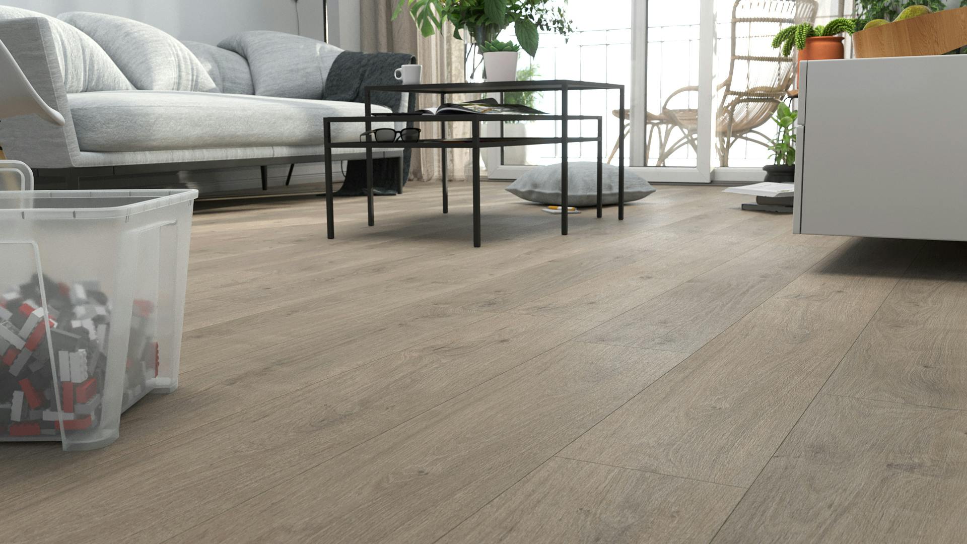 Laminat BoDomo Klassik Tajo Eiche Grau Produktbild Schlafzimmer - Urban zoom