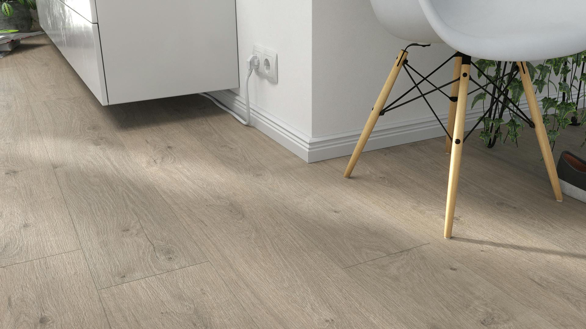 Laminat BoDomo Klassik Tajo Eiche Grau Produktbild Wohnzimmer - Urban mit Wohnwand zoom