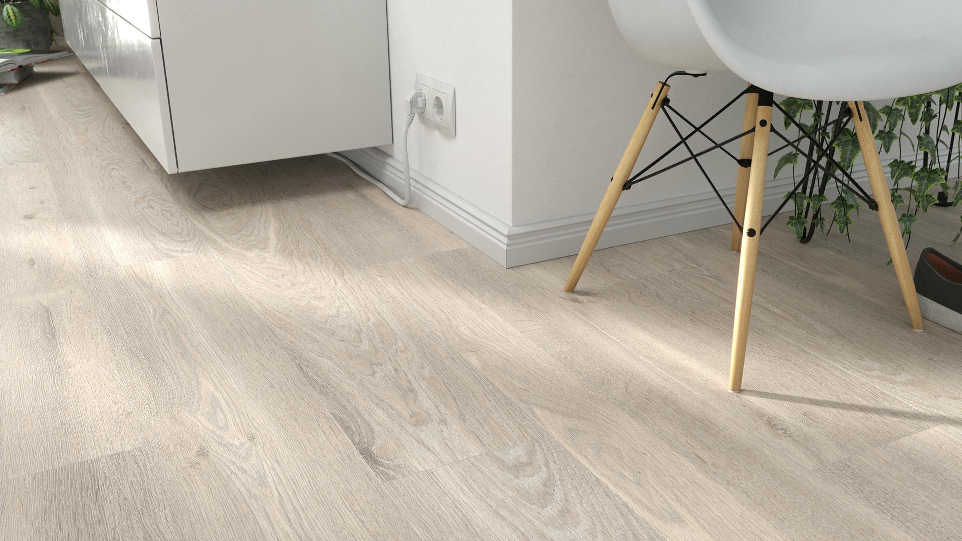 Laminat BoDomo Klassik Pecos Oak white Produktbild Wohnzimmer - Urban mit Wohnwand zoom