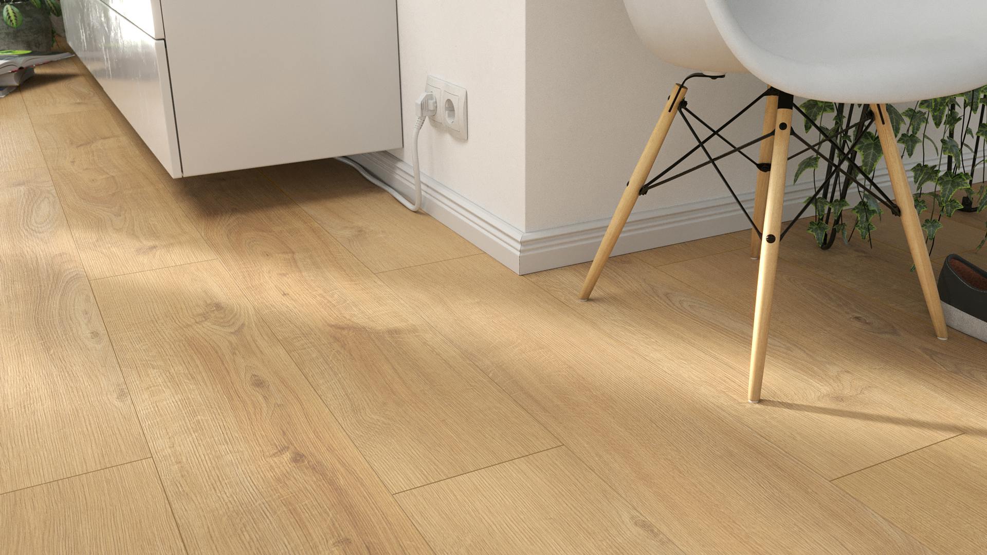 Laminat BoDomo Klassik Valley Oak natur Produktbild Wohnzimmer - Urban mit Wohnwand zoom