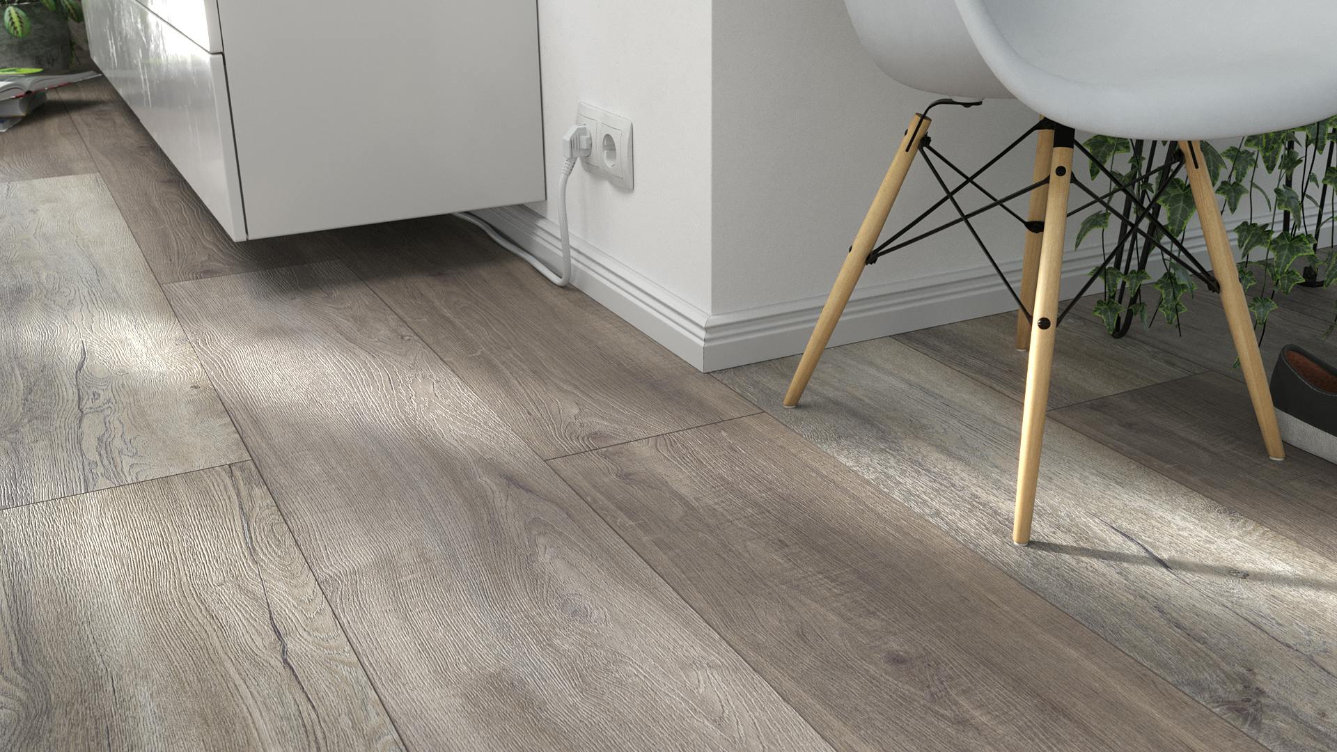 Laminat BoDomo Premium Port Eiche Grey Produktbild Wohnzimmer - Urban mit Wohnwand zoom