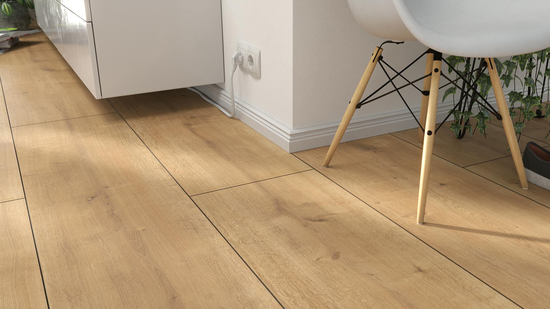 Laminat BoDomo Premium Palace Oak natur Produktbild Wohnzimmer - Urban mit Wohnwand zoom