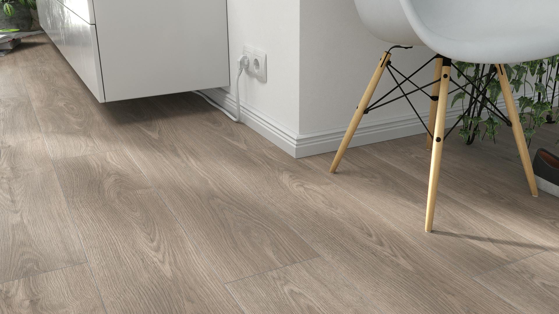 Laminat BoDomo Premium Samaria Oak caffee Produktbild Wohnzimmer - Urban mit Wohnwand zoom
