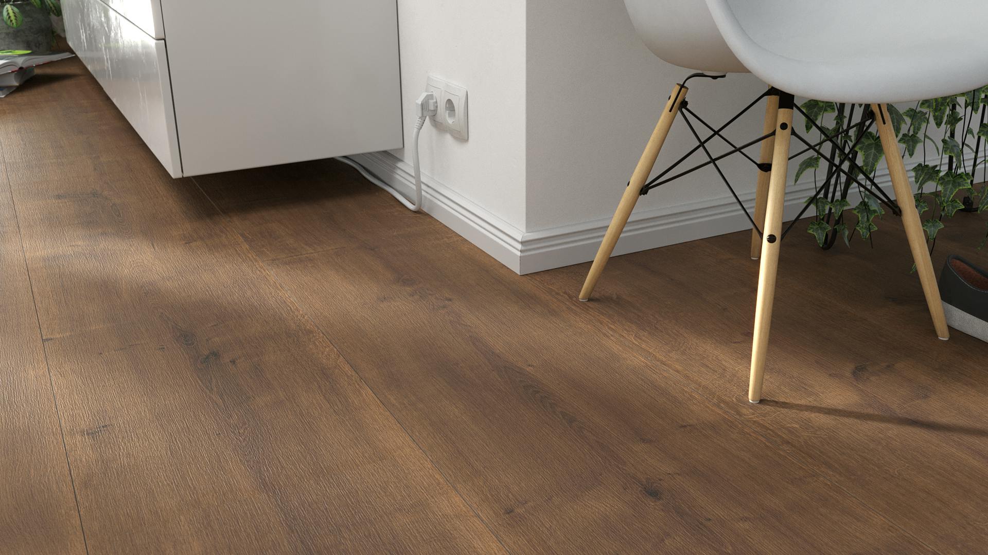 Laminat BoDomo Premium Schlossdiele dunkel Produktbild Wohnzimmer - Urban mit Wohnwand zoom