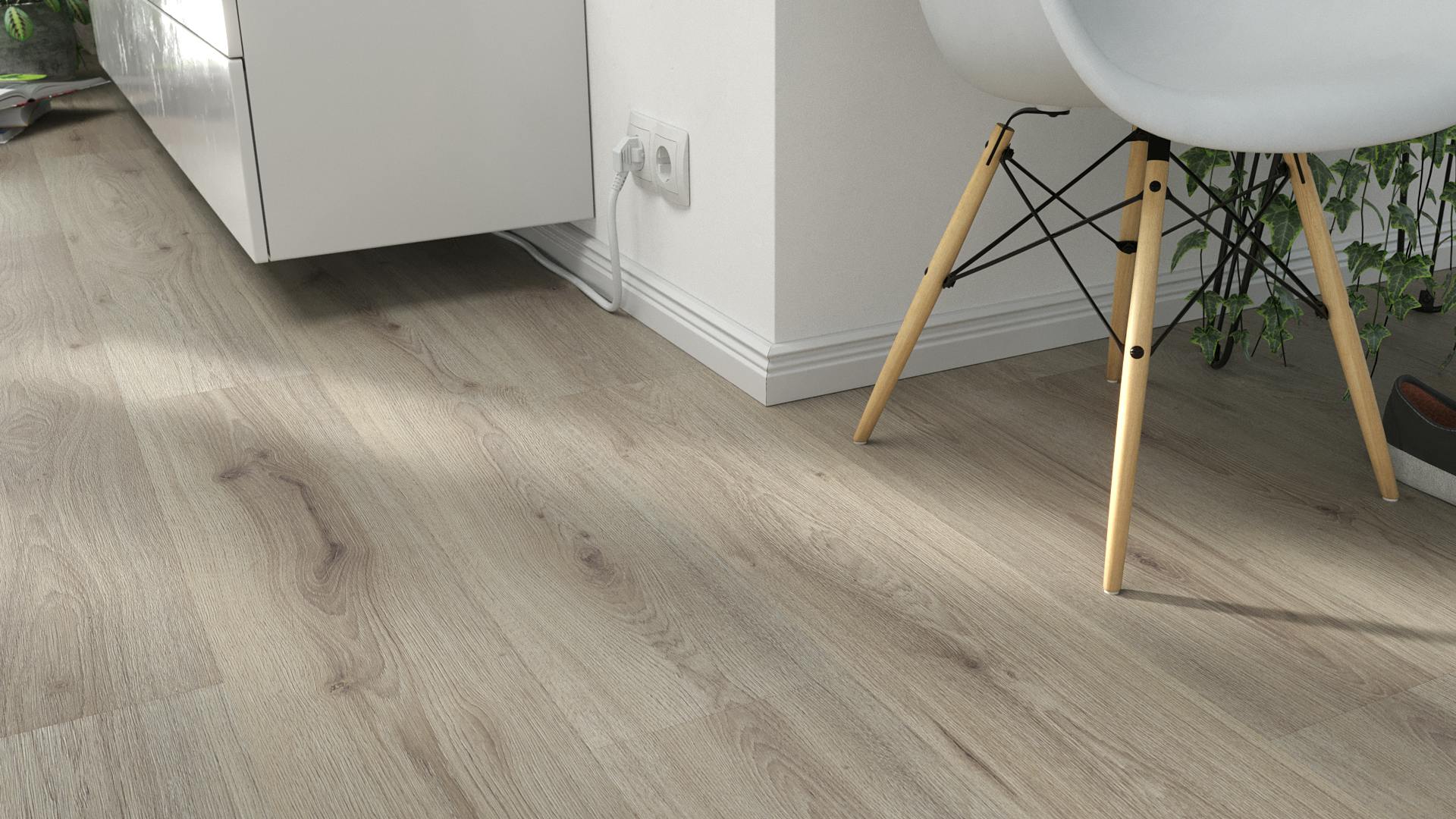 Laminat BoDomo Klassik Trend Oak Grau Produktbild Wohnzimmer - Urban mit Wohnwand zoom
