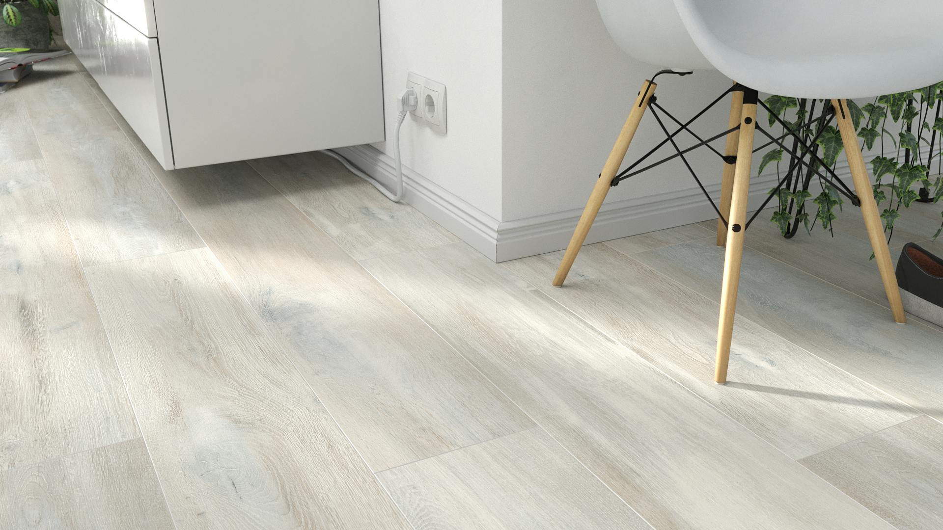 Laminat BoDomo Exquisit Silversea Oak White Produktbild Wohnzimmer - Urban mit Wohnwand zoom