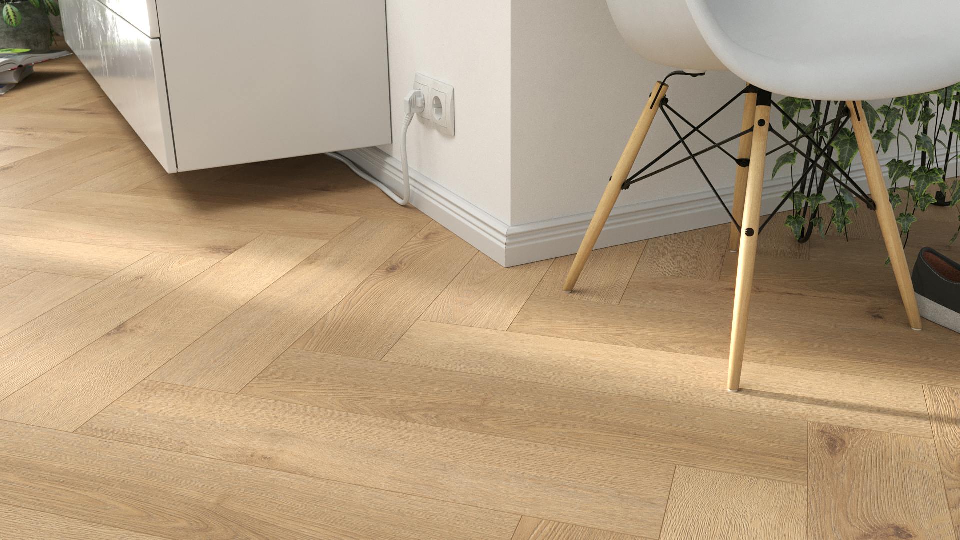 Laminat Kronoflooring Herringbone Fischgr&auml;t Sundance Oak Produktbild Wohnzimmer - Urban mit Wohnwand zoom