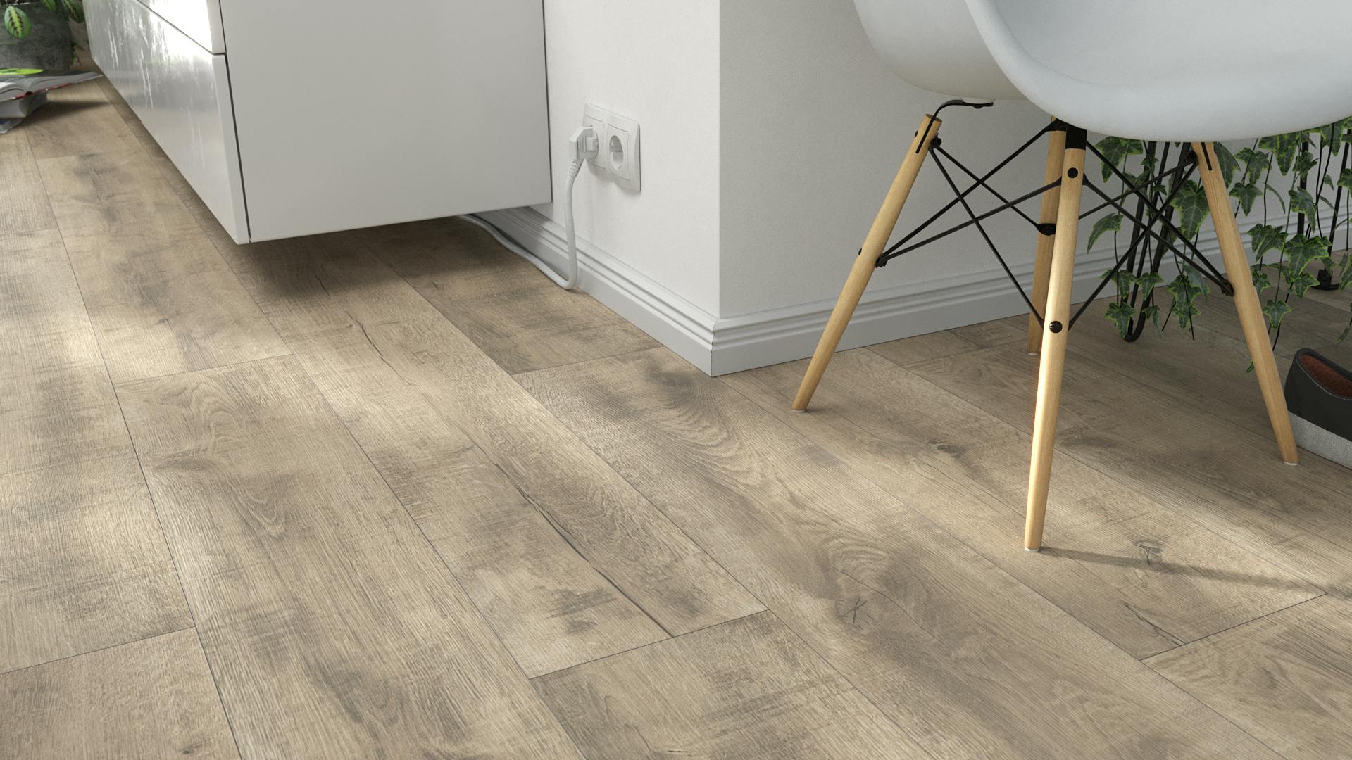 Laminat BoDomo Premium Marmo Oak grau Produktbild Wohnzimmer - Urban mit Wohnwand zoom