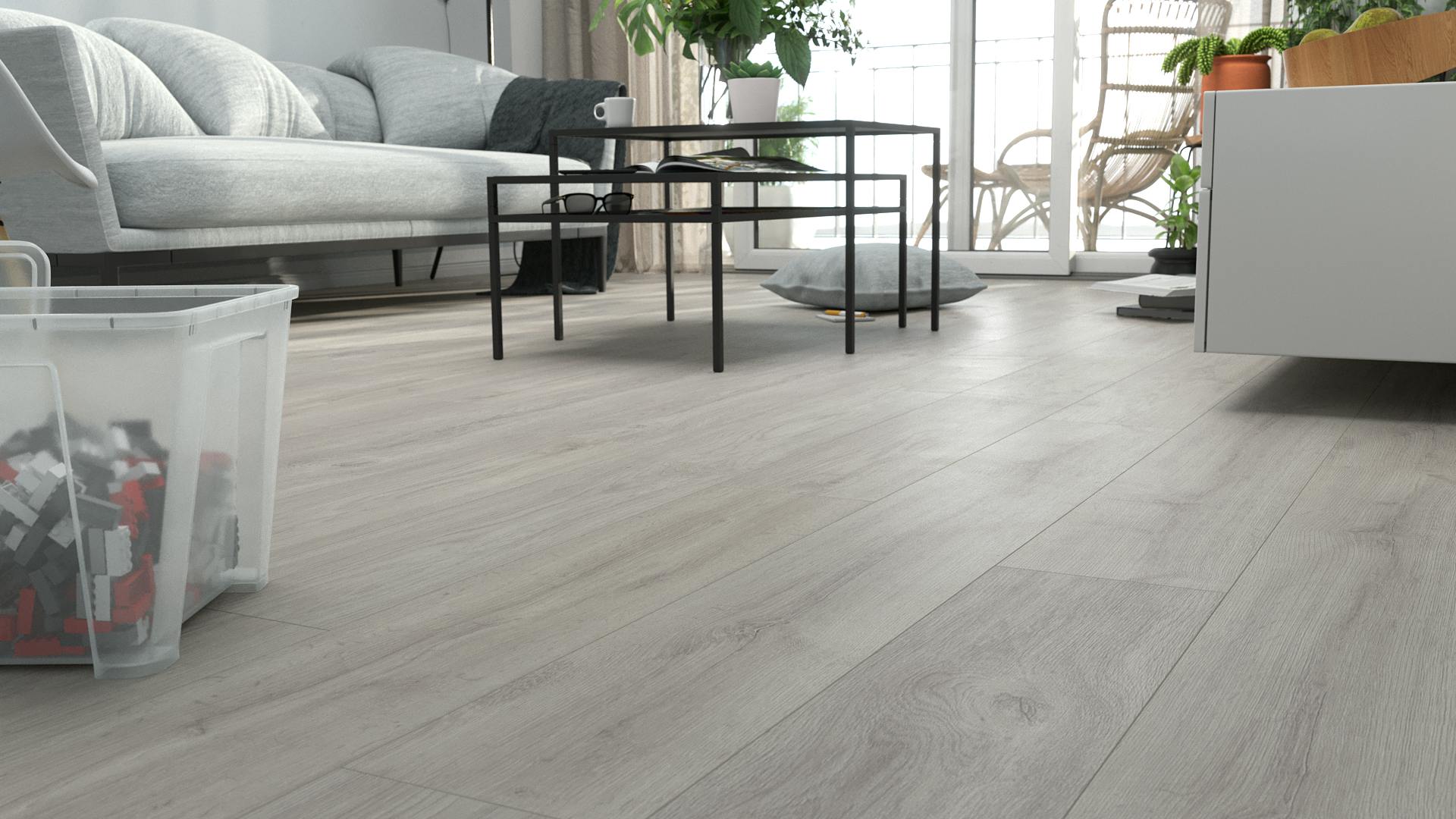 Laminat Kronotex Grand Eiche Grau Produktbild Schlafzimmer - Urban zoom