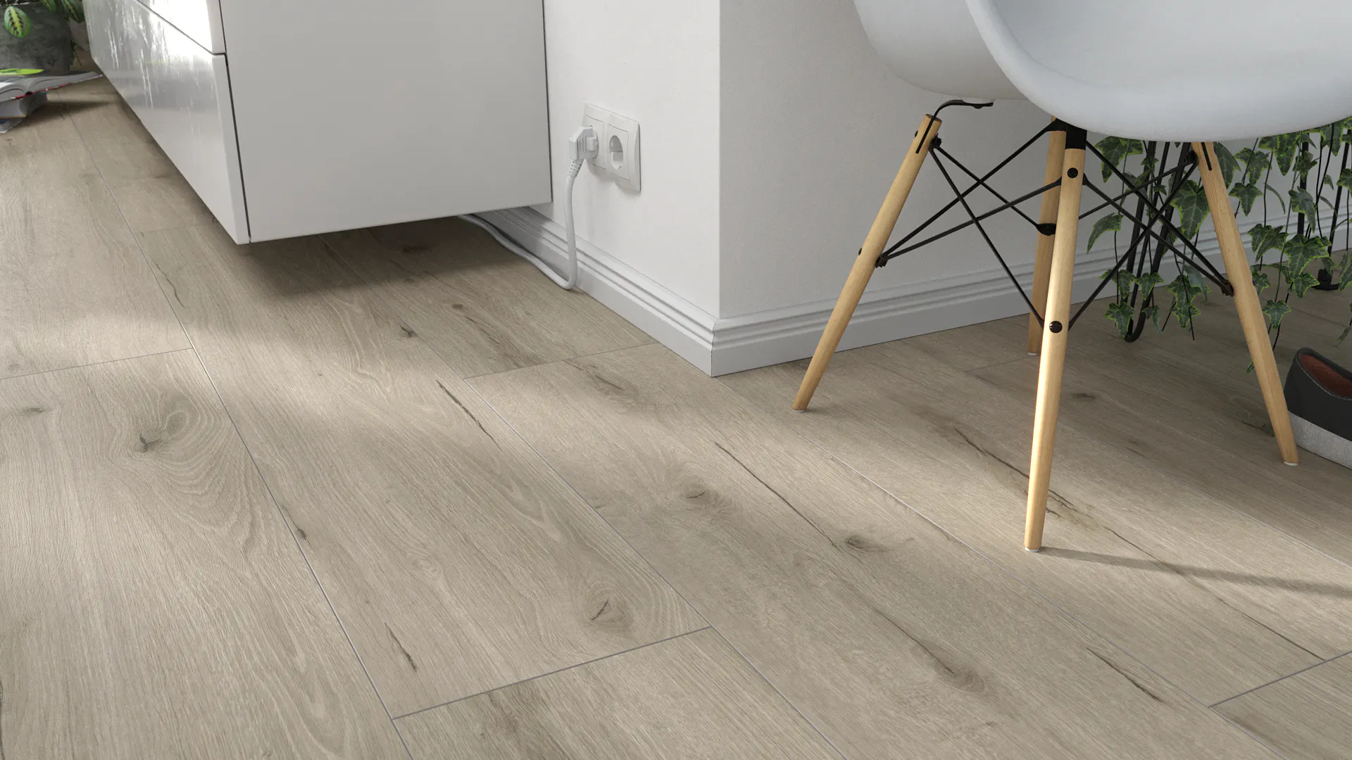Laminat BoDomo Premium Korbeiche Kalk Produktbild Wohnzimmer - Urban mit Wohnwand zoom