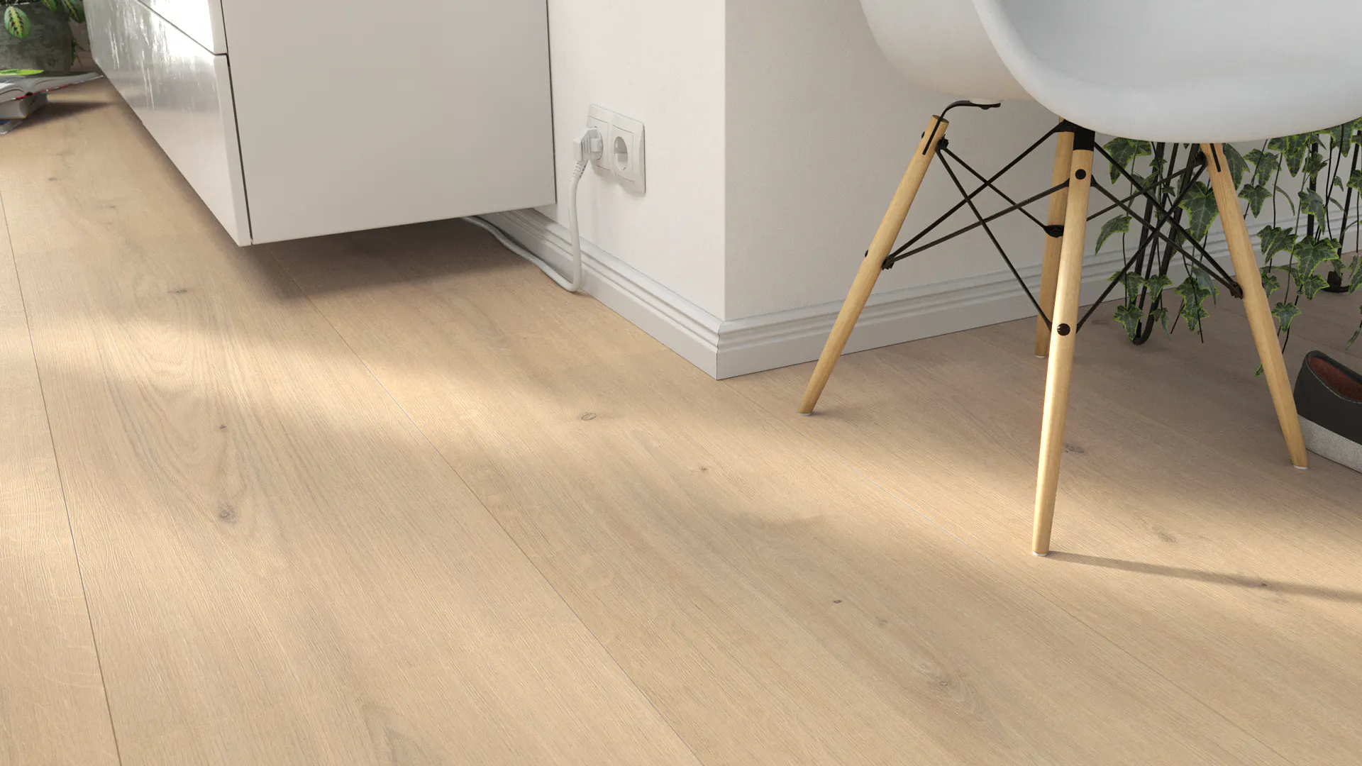 Laminat bodomoPURE Premium Schlossdiele Sand Produktbild Wohnzimmer - Urban mit Wohnwand zoom