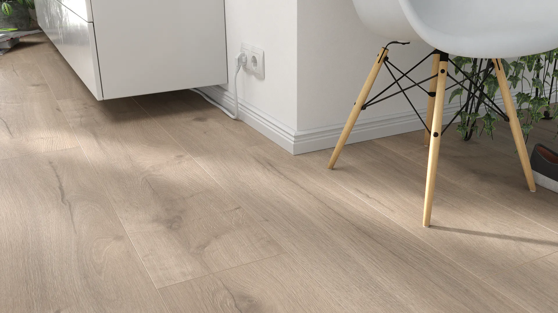 Laminat Egger Eiche Meran Creme Produktbild Wohnzimmer - Urban mit Wohnwand zoom
